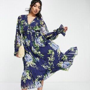 ASOS Design Curve Plus Size Satin Ruffle Floral Print Open Back Midi Dress 18
